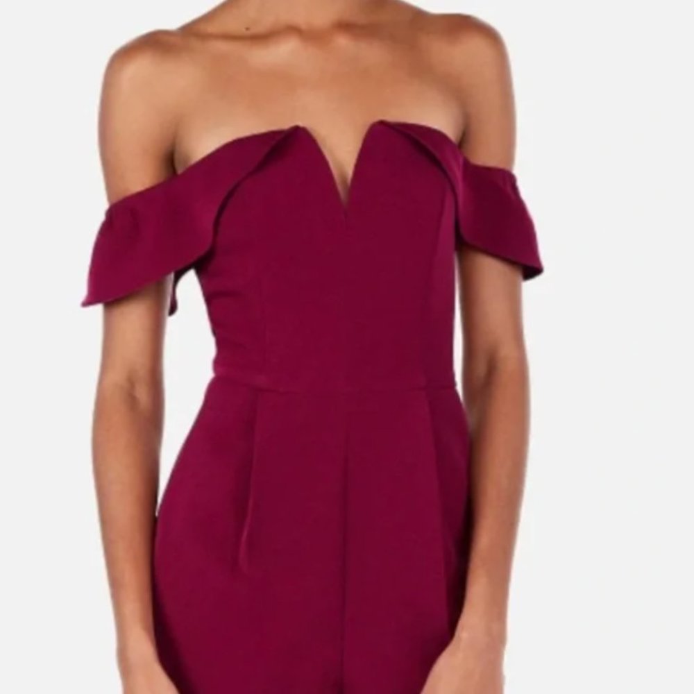 Express Strapless Off the Shoulder Plum Jumpsuit